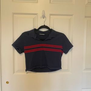 Brandy Melville Navy with Red Stripes Short Sleeve Polo Shirt Size OS